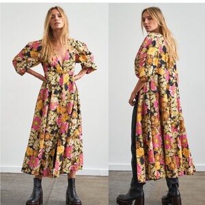 Free People Lydia Floral V Neck Buttondown Puff Sleeve Dress Size XS